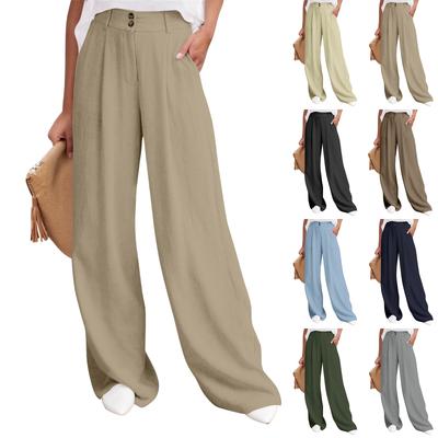 Women's Linen Pants Casual Loose Wide Leg Pants Women's Elastic Waist Wide Leg Pants With Pockets Trousers