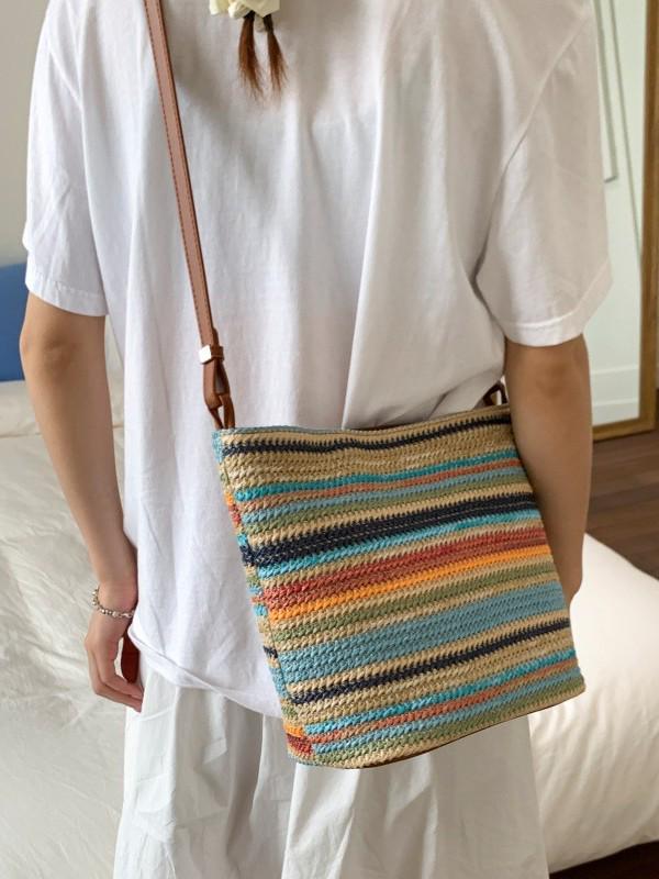 Autumn & Winter 2025 Rainbow Striped Straw Braided Shoulder Bag - Minimalist Women's Beach Bucket Bag