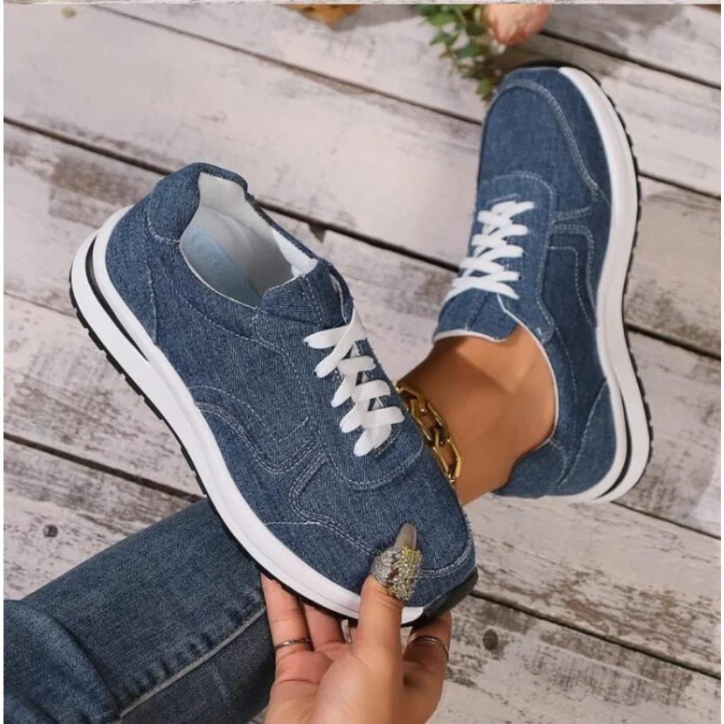 Blue Denim Platform Sneakers Women Fashion Thick Sole Lace Up Sports Shoes Woman Plus Size 43 Comfortable Casual Female Sneakers