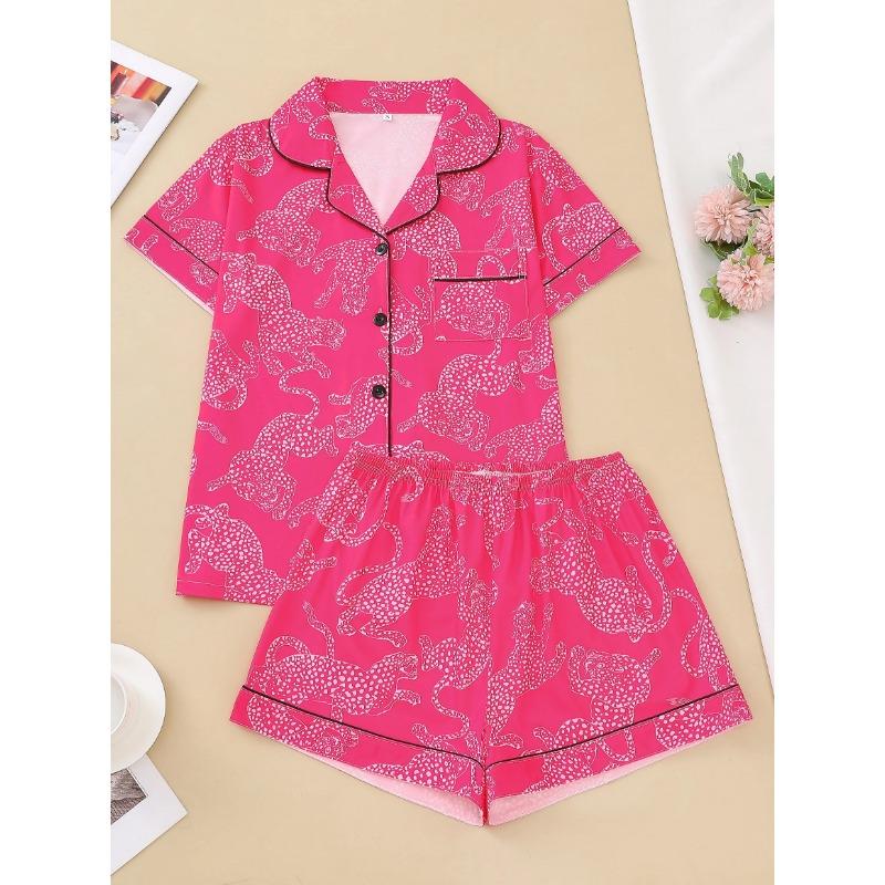 Casual Pink Leopard Print Pajama Set for Women Lapel Short-sleeved Top and Baggy Shorts Loungewear for Women