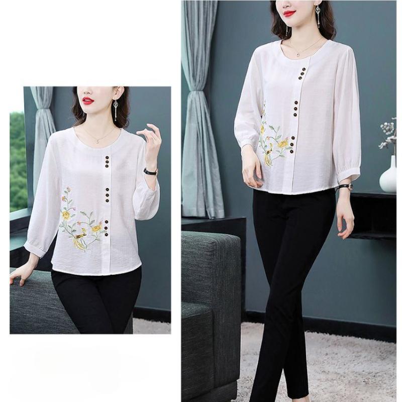 Spring Summer New Women Fashion Casual Office 3/4 Sleeve Embroidery Cotton Linen Big Plus Size Top T-Shirt L-5XL