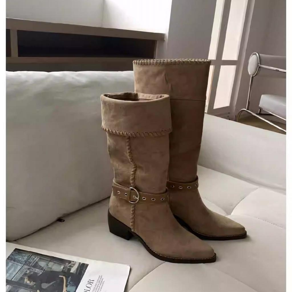 Autumn and winter new pointed braided belt buckle thick heel flanged boots suede thin