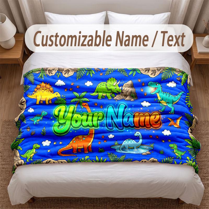 Dinosaur Theme Soft Blanket Personalized Custom Name Text Print Warm Blanket Home Sofa Bedroom Decor