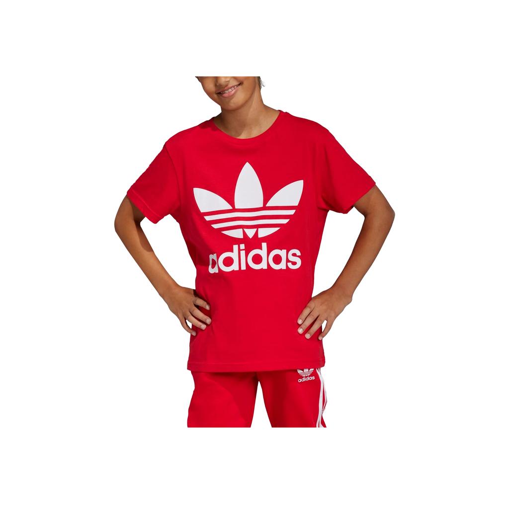 Adidas Originals Trefoil T-Shirt Solid Color Logo Letter Print Short Sleeve Kids Tops Red IB9929