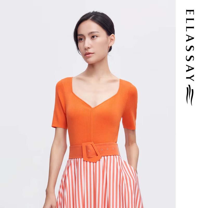 ELLASSAY Women's Retro Simple Slim-Fit V-Neck Knit Top