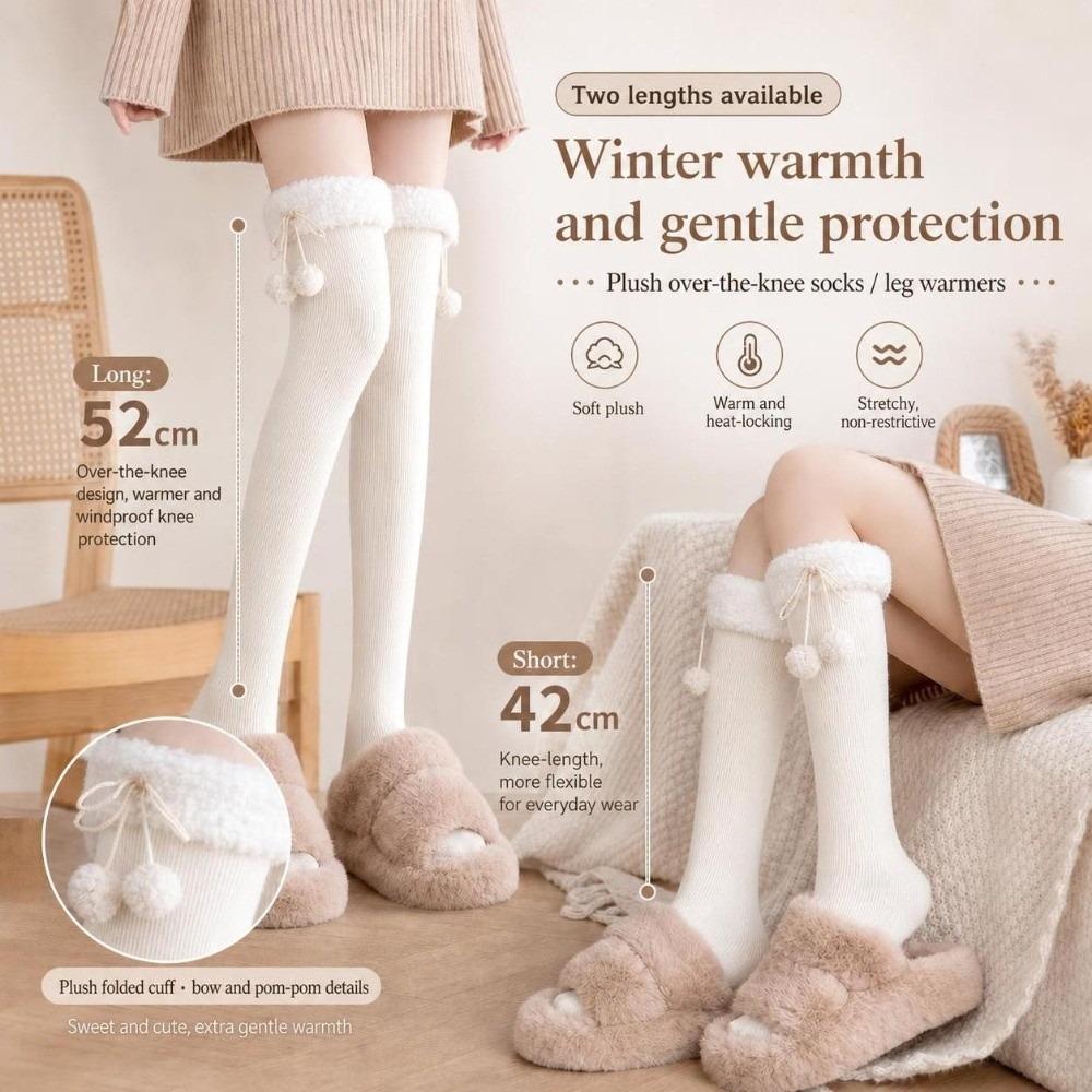 1 Pair Wool Ball Knee High Socks Vertical Stripe Plush Stockings Cute Over Knee Socks Women Girl