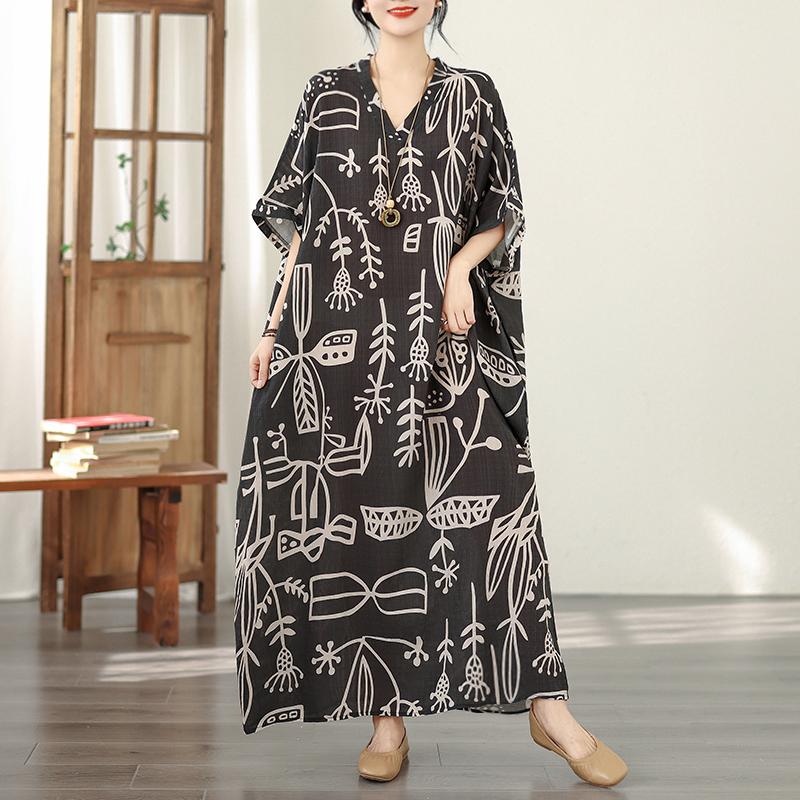 DIMANAF New 2026 Women Plus Size Spring Summer Beach Dress Vintage Floral Print Black Long Dress Loose Oversize Maxi