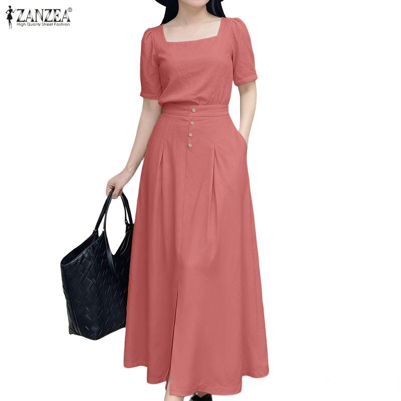 ZANZEA Women Short Sleeve Blouse and Long Skirts Casual Two Piece Suit Sets