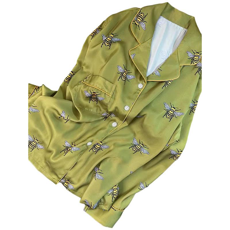 Gift-Giving Advanced Sense Illustration Pajamas Women'S Temperament Lapel Collar Long Sleeves Can Be Worn Outside Ice Silk Suit Real Shot