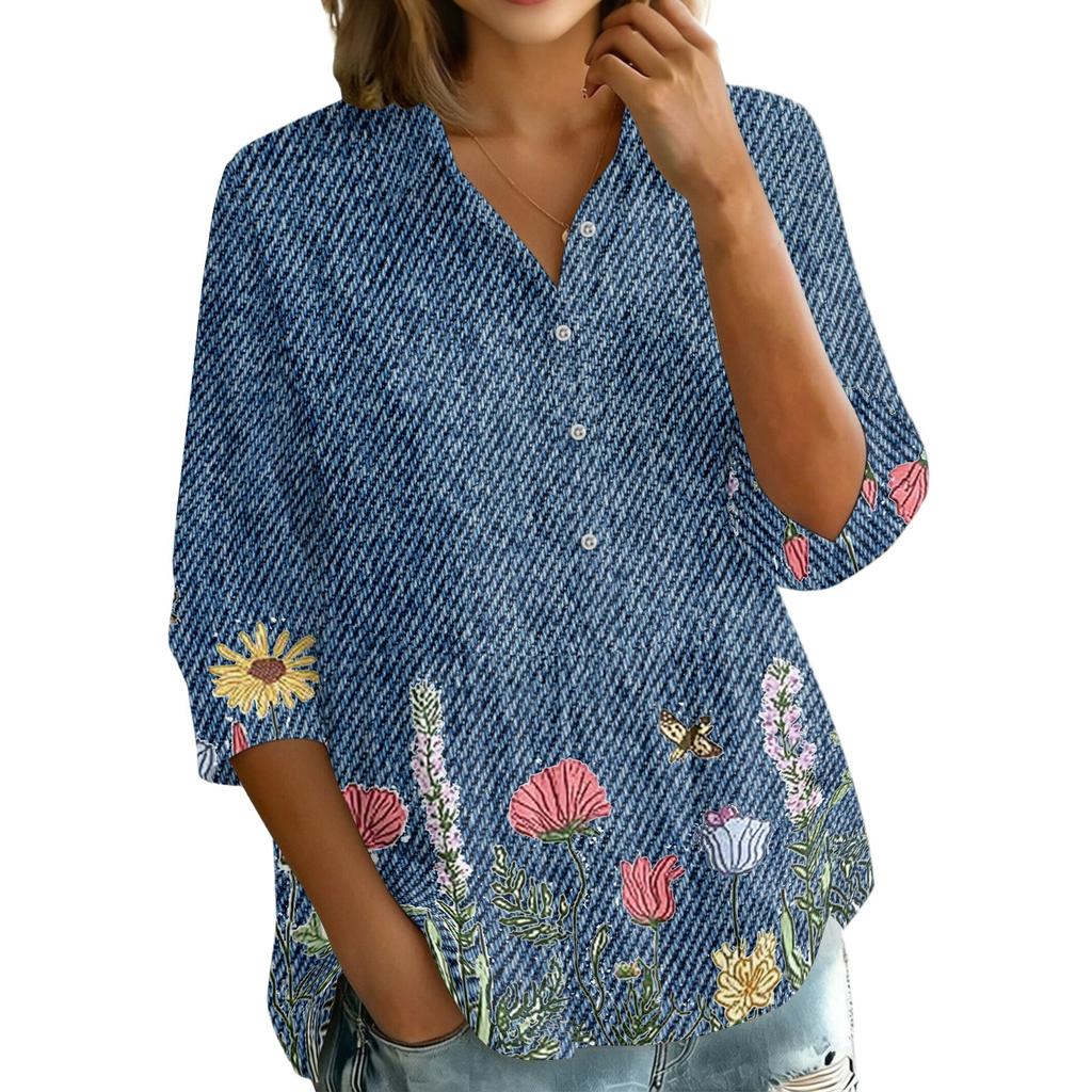 Women's Button Front Shirt Vintage Floral Print Three Quarter Sleeve Loose Fit Collar Top Casual Blouse