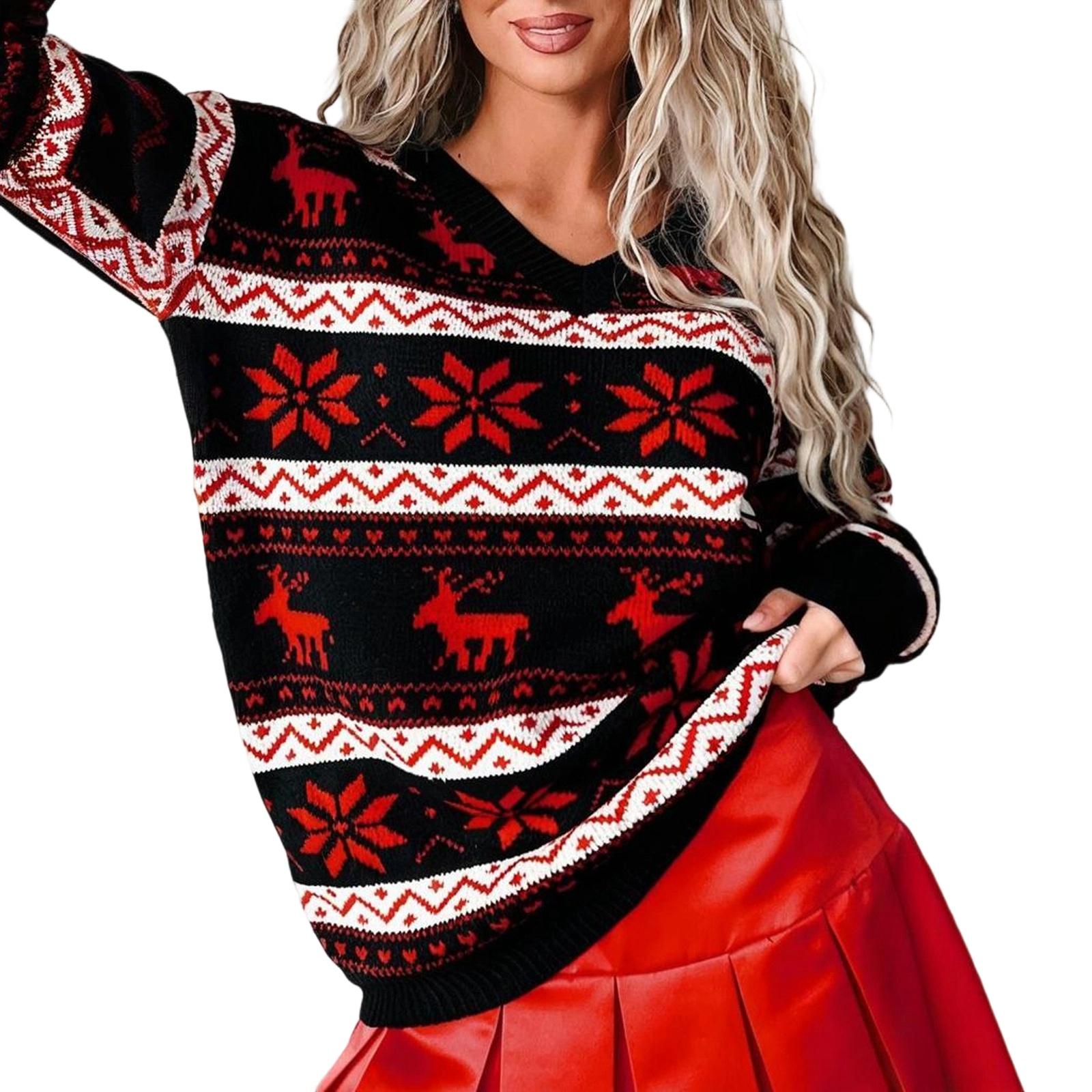 

Women s Christmas V-neck Loose Elk Contrast Color Sweater XL красный