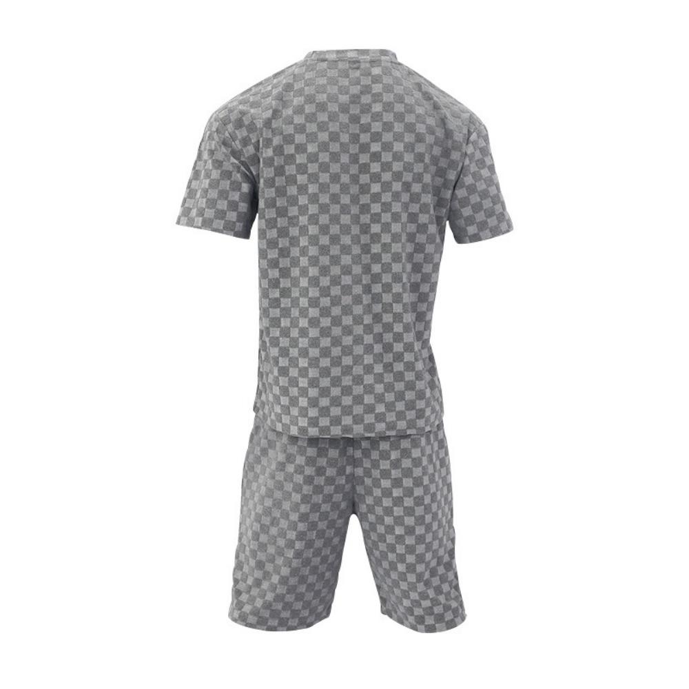 Men's Sports Suit Summer New Korean High Street Jacquard Plaid T-shirt Shorts Two-piece Set Male Casual Retro Loose O-neck Top