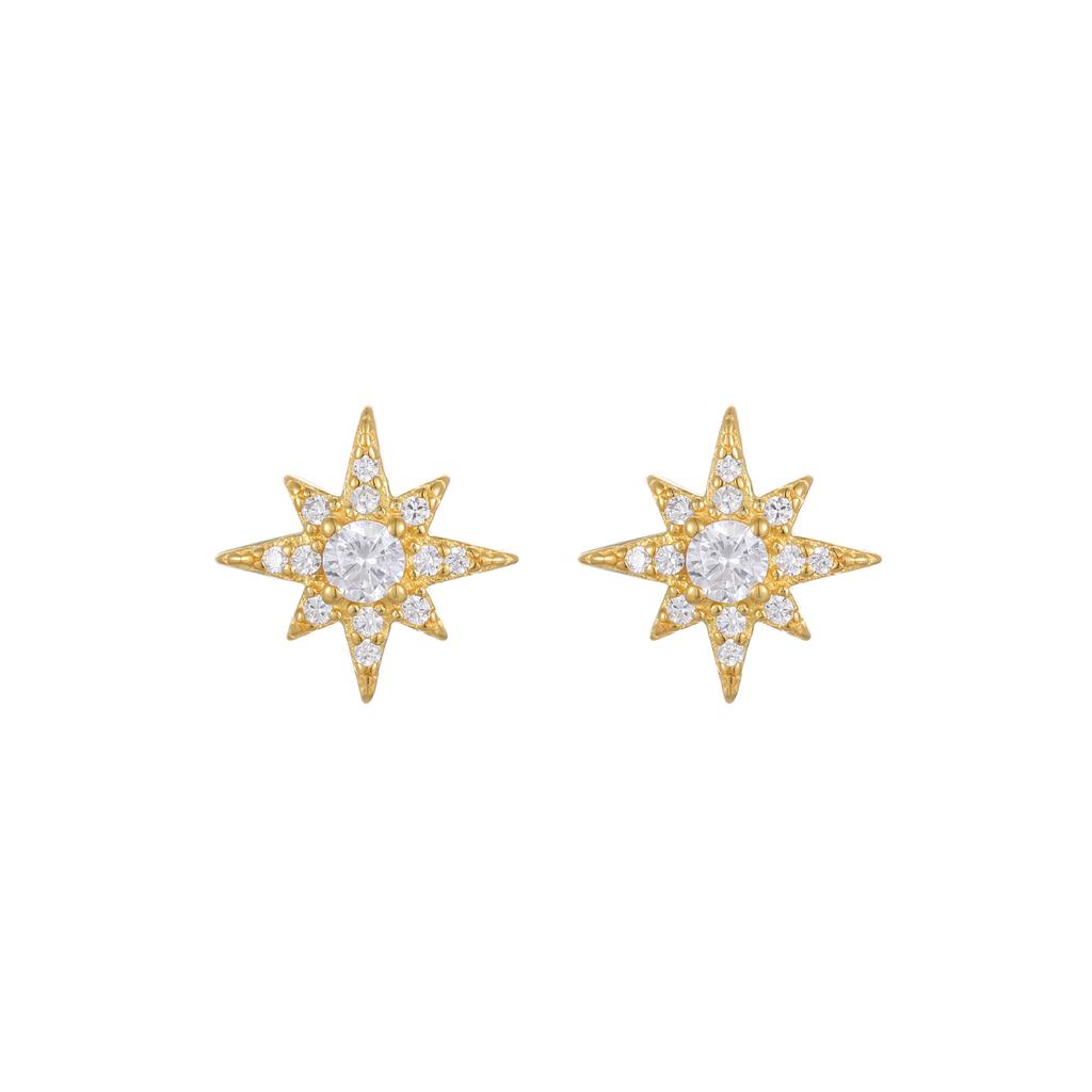 925 Sterling Silver 18K Gold Plated Starburst CZ Stud Earrings for Women, Dainty Star Cubic Zirconia Hypoallergenic Earrings