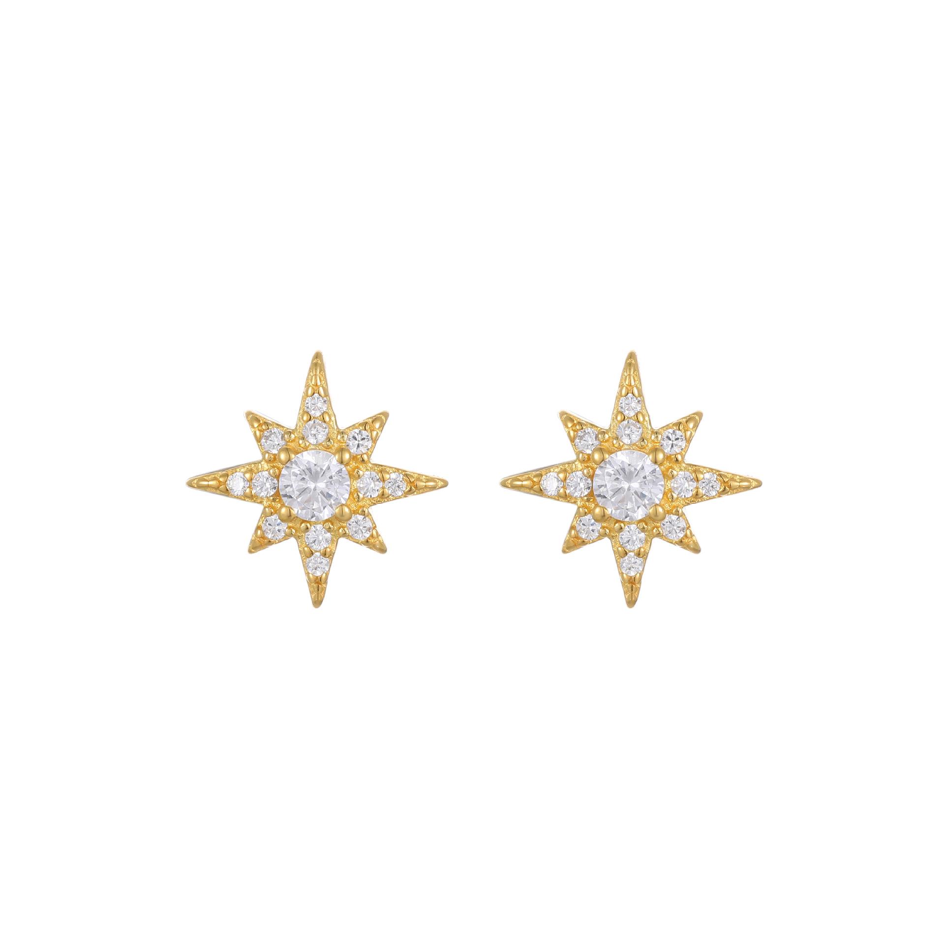 925 Sterling Silver 18K Gold Plated Starburst CZ Stud Earrings for Women, Dainty Star Cubic Zirconia Hypoallergenic Earrings золотой