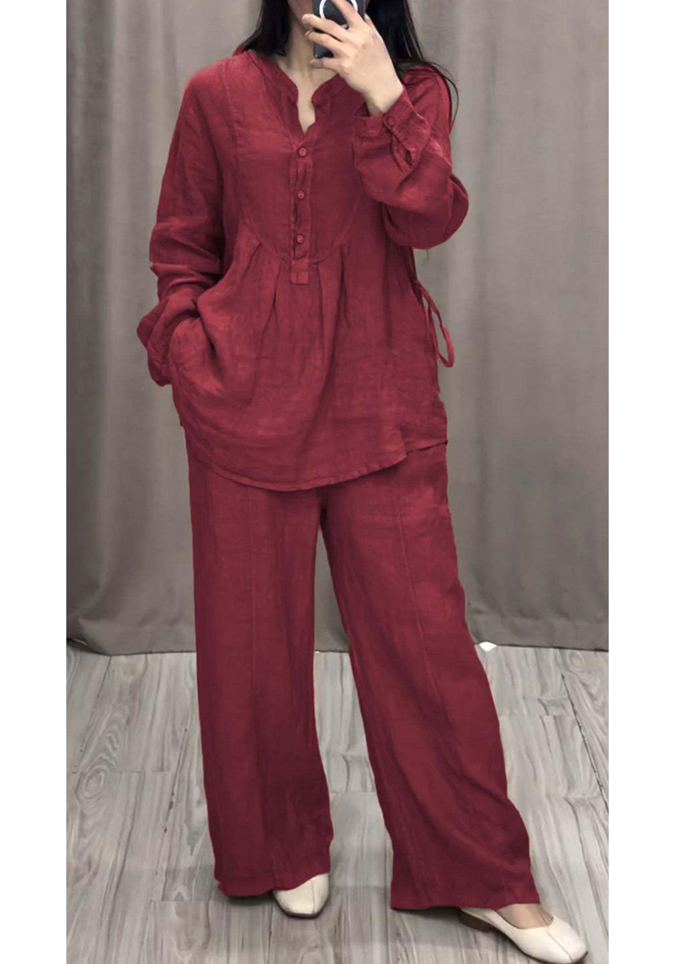 

Fashionable Cotton Linen Long Sleeve Wide Leg Pants Suit 2025 4XL вина червоного кольору