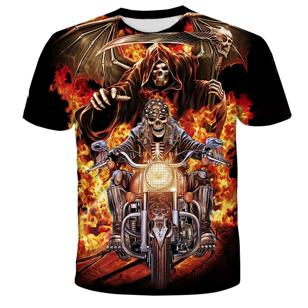 

New 3D Print Causal Clothing Fire Burning Skull Motorcycle Fashion Men Women T-shirt Plus Size S