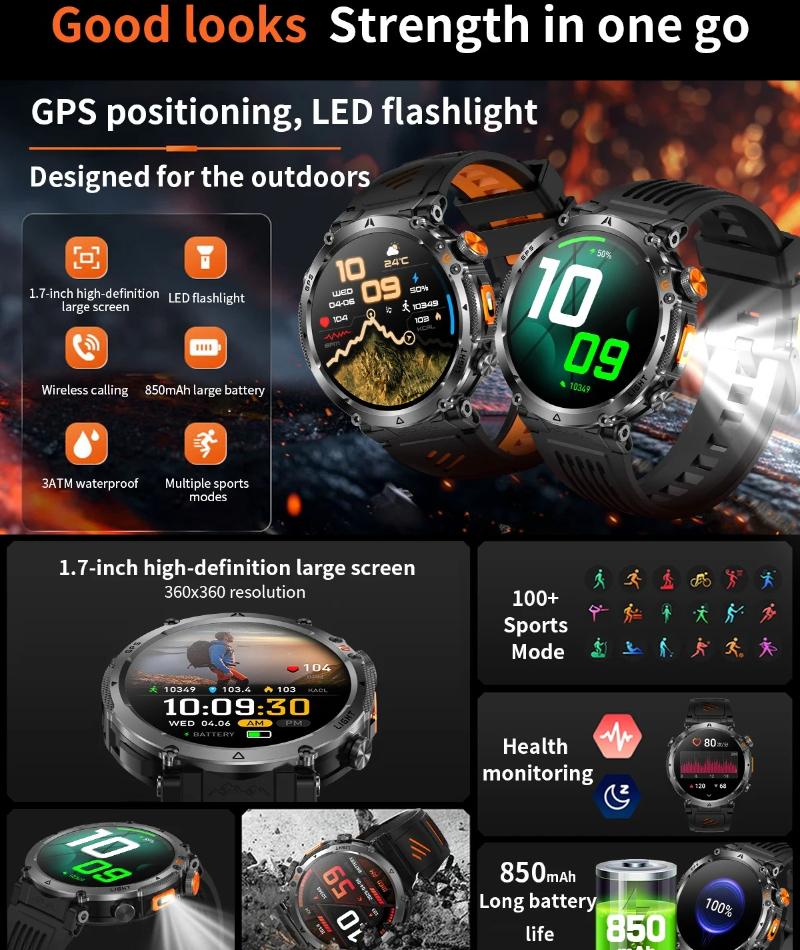 2026 New Military GPS Sports Smart Watch Men Compass 3ATM Waterproof Swim Fitness Tracker AMOLED HD SmartWatches 850Mah Battery