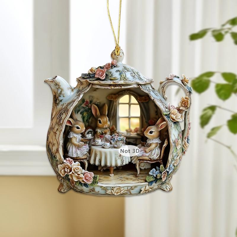 Fun Rabbit In Teacup Keychain Pendant Hanging Ornament Acrylic Window Decoration For Decorative Enhancement