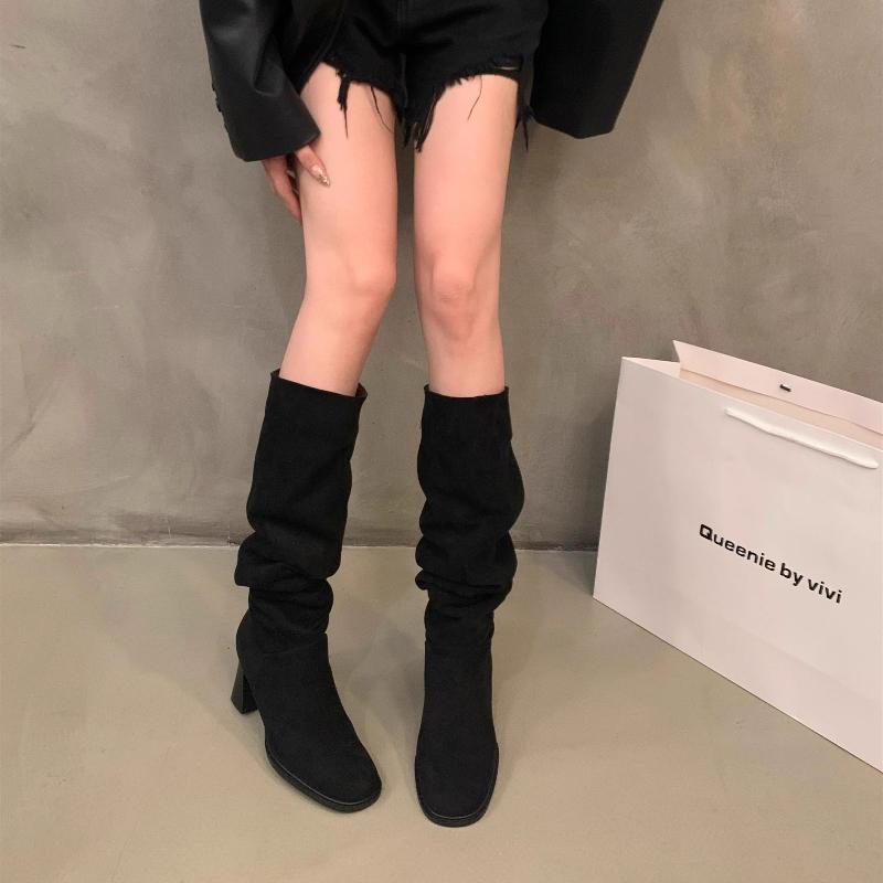 Fashion New Style Ladies Shoes Fashion Women's Boots Winter Keep Warm Pointed Toe Suede Solid High Tube Chunky Heels Boots