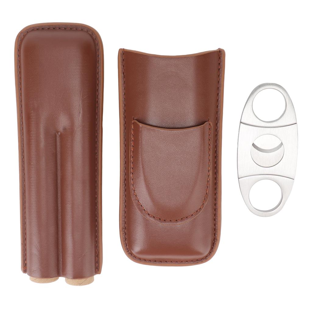 Portable Travel Cigar Case Wear Resistance Leather Cigar Holder with Cigar Clipper for 2 Cigars Business Office