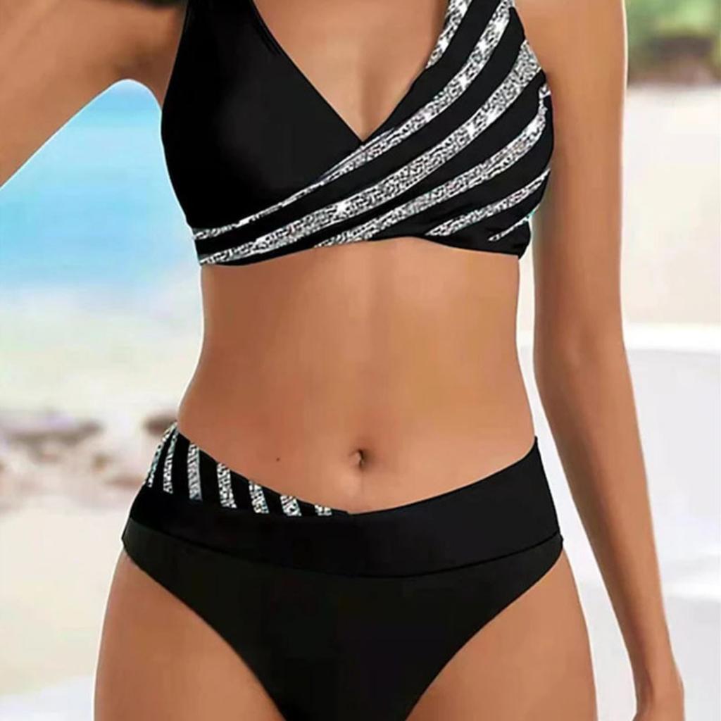 Set Bikini la Modă cu Imprimeu în Dungi, Costum de Baie Sexy din Două Piese, Costum de Baie cu Stil Fermecător