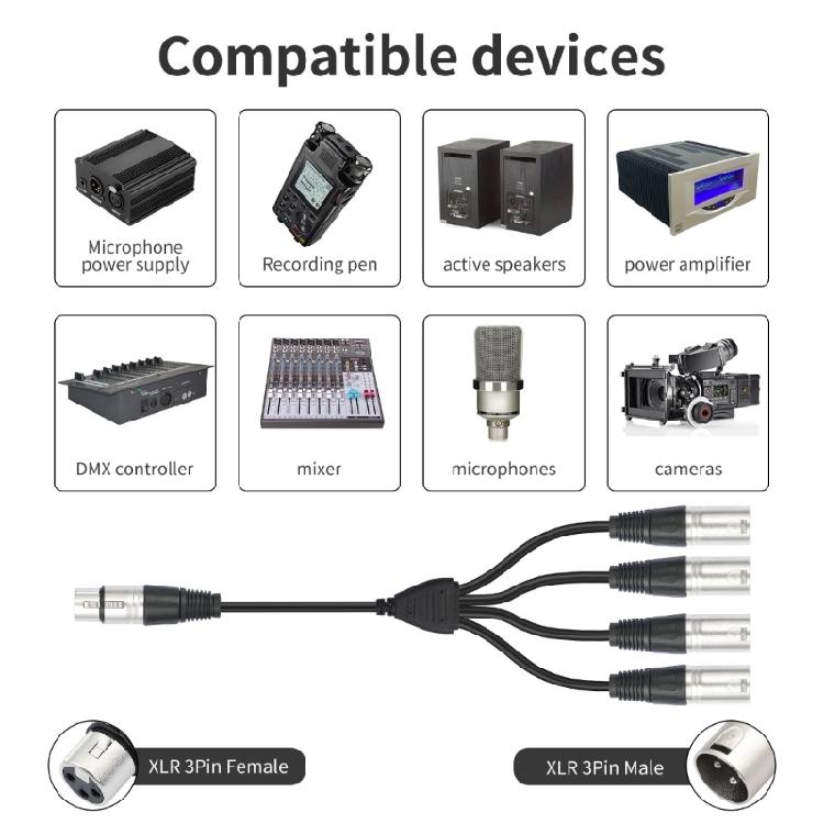 Plated 3Pin XLR Female To 4 Male Y Type Sound Splitter For Microphones Mixers Amplifiers