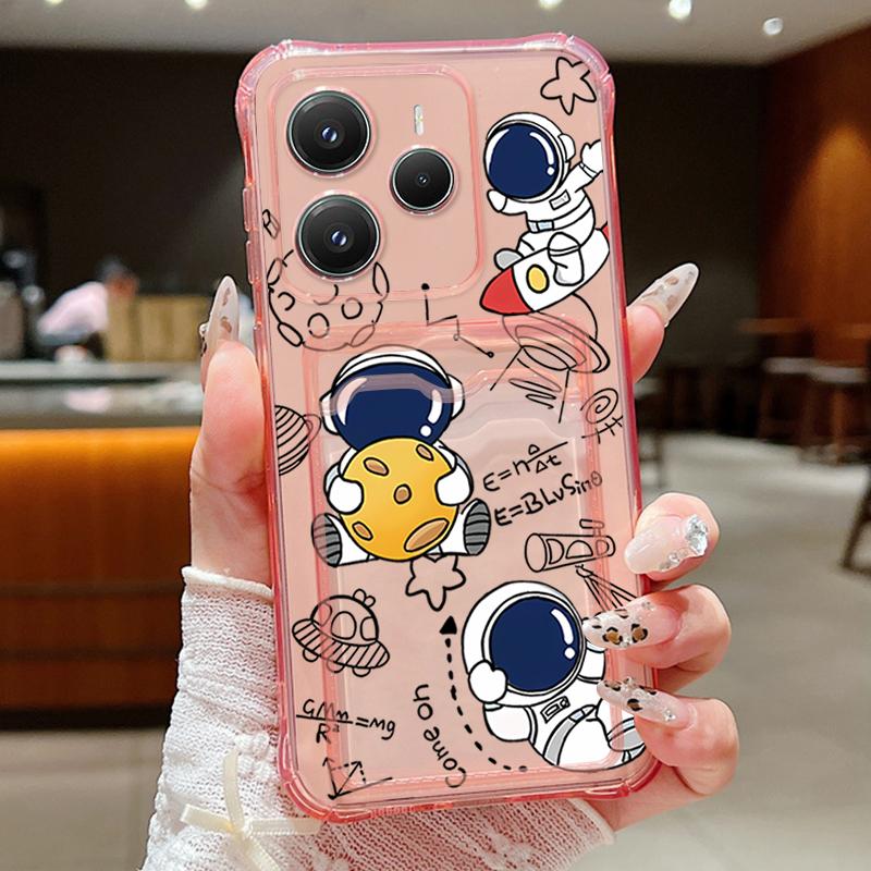 Astronaut Printed Card Slot Clear Phone Case For Xiaomi 14T 13T Pro Poco F6 Pro X6 C65 Redmi Note 13 Pro 12 11 Soft Silicone Shockproof Bumper Cover