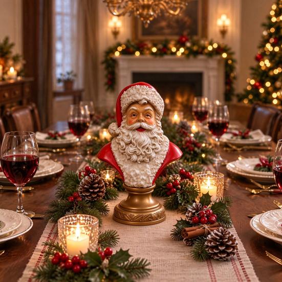 Pevná pryskyřice Vánoční dekorace Santa Claus Busta Soška, Hlava s Vintage Zlatou Uměleckou Soškou pro Sváteční Displej Základna, Stolní Figurka, Krbová Polička