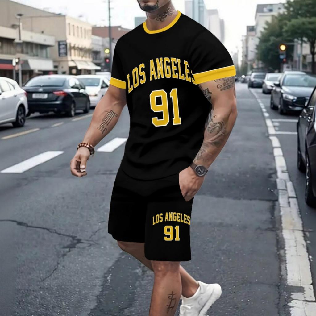 Men's Suit Casual Round-neck Short-sleeved Pullover T-shirt with Print Sporty Casual Pants Set