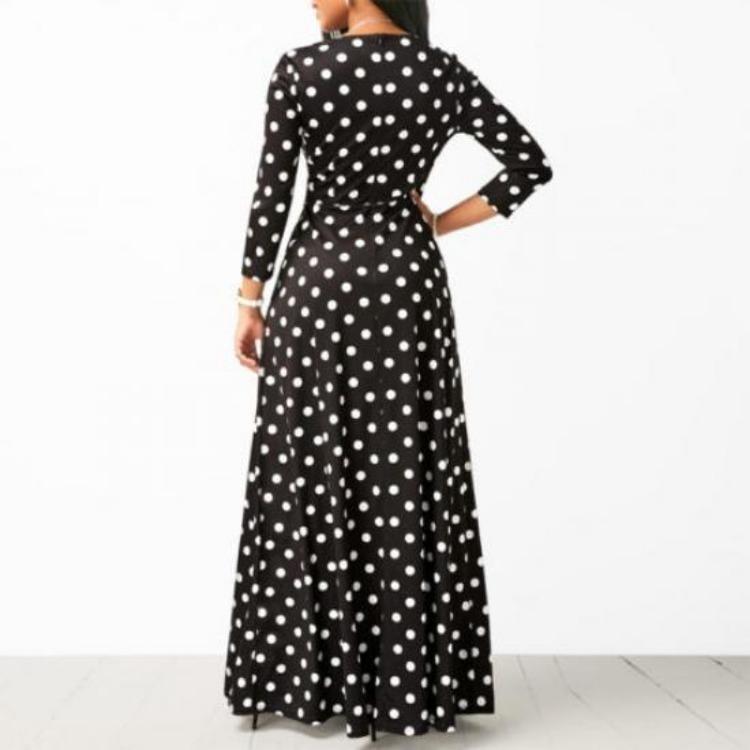 Elegant Polka Dot Maxi Dress Women Long Sundress 3 4 Sleeve Beach Party Evening Holiday