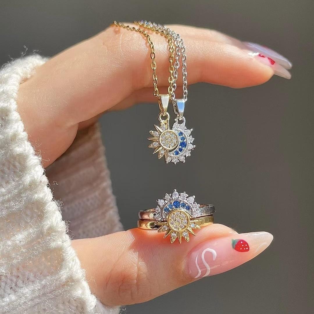 Couple Sun And Moon Pendant Necklace And Open Ring Gift Set Retro Design Set With Diamonds For Her