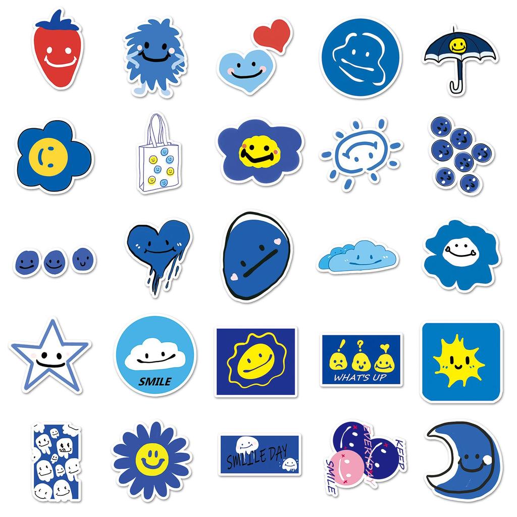 50 Sheets Blue Smile Cartoon Stickers: Cute, Waterproof Decoration for Journals, Computers, and Water Bottles