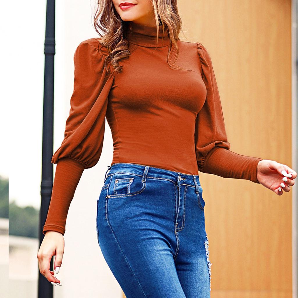 Women's Color Puff Sleeve Loose Cover Up Turtleneck Casual Blouse Tops