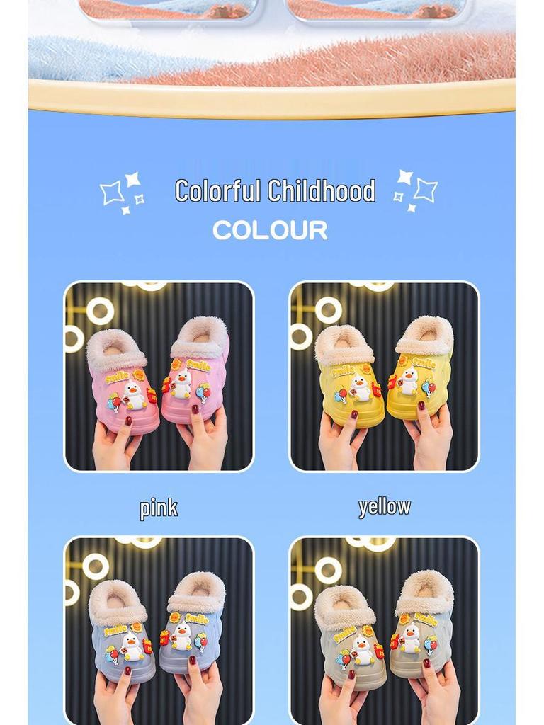 Kids' Waterproof Non-Slip Cotton Slippers, Plush Lined for Warmth, Removable Fur Lining, Perfect for Autumn/Winter Home Use.