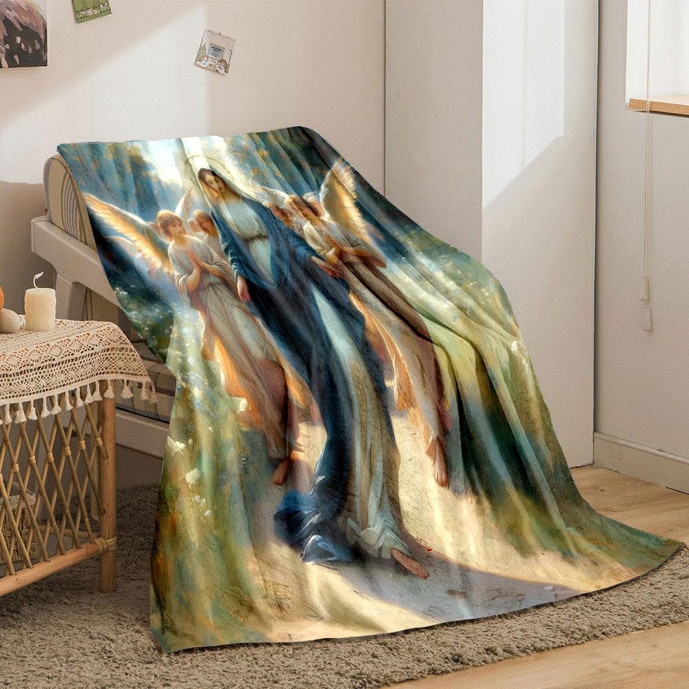 Our Lady with Angels Printed Blanket Printed Blanket for Living Room Bed Couch Lunch Break Soft Cozy Blanket for Friend's Festival Gift