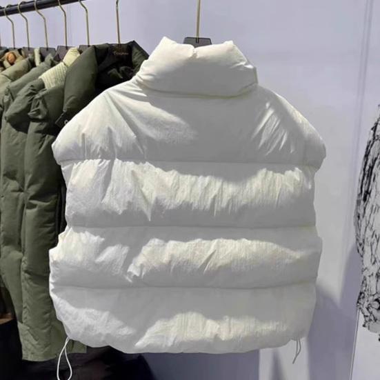 Women Down Vest Stand Collar Sleeveless Zipper Closure Winter Waistcoat with Pockets Solid Color Casual Loose Fit Short Jacket