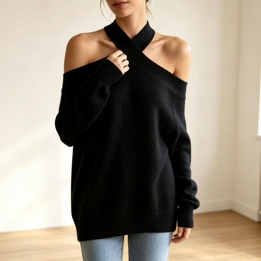 Damen Strickpullover mit Carmen-Ausschnitt, lockerem Schnitt