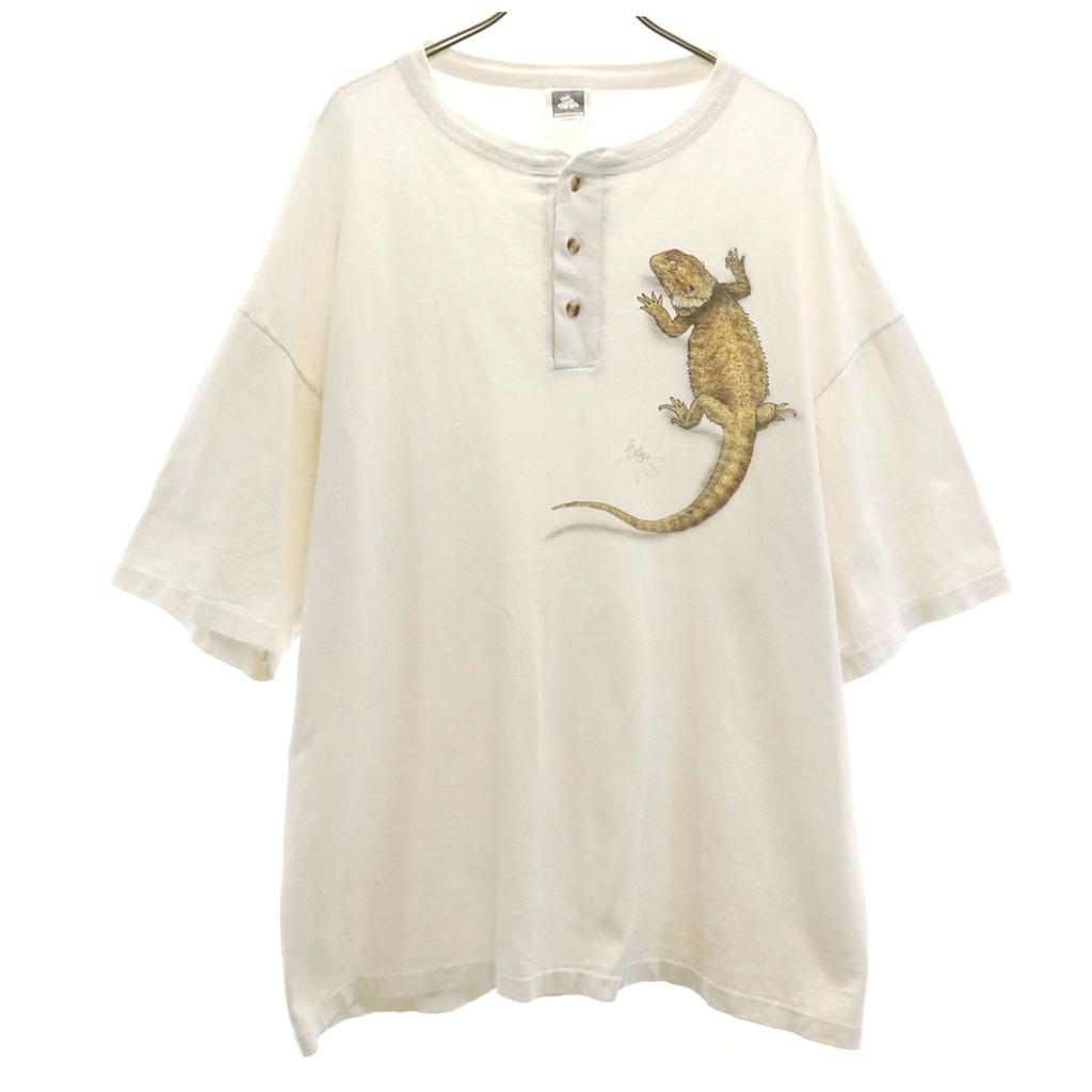 COTTON DELUXE 90s Made In USA Old Lizard Print Short Sleeve Henry Neck T-shirt Men's Used