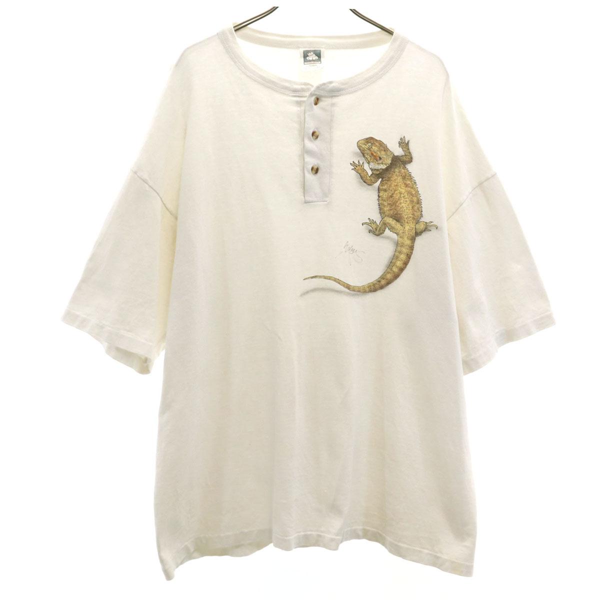 

COTTON DELUXE 90s Made in USA Old Lizard Print Short sleeve Henry Neck T-shirt Men s Used
