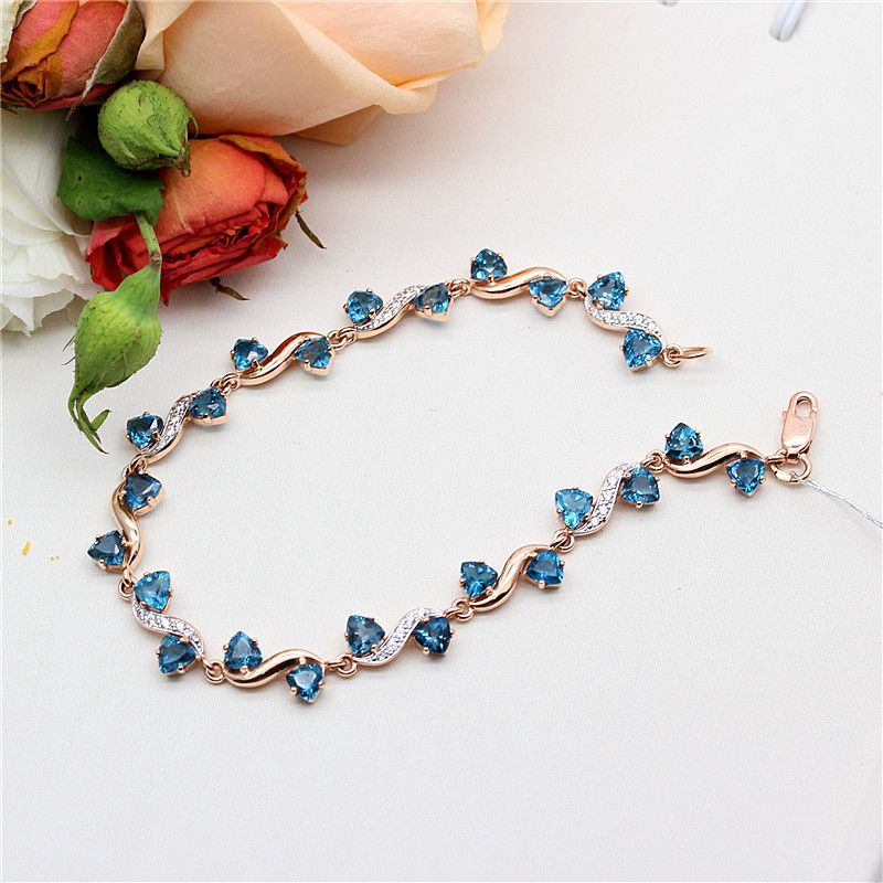 Браслет из 585 фиолетового золота с синим камнем, Модный браслет-сердце с синим цирконом, покрытый розовым золотом, Супер блестящий. （18CM）