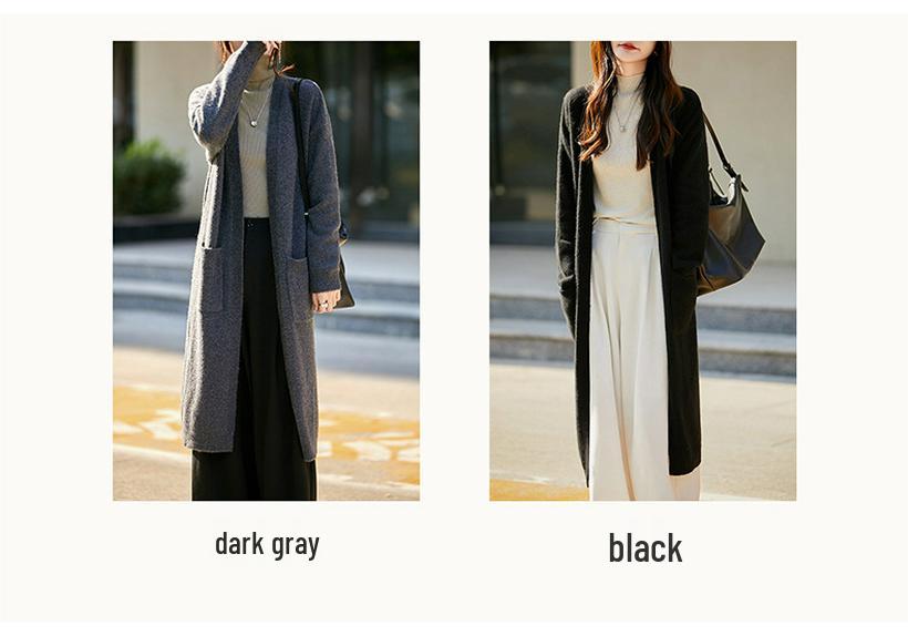 2025 Autumn/Winter Korean-Style Knee-Length Knit Cardigan - No Button, Double Pocket, Loose Fit, Solid Color
