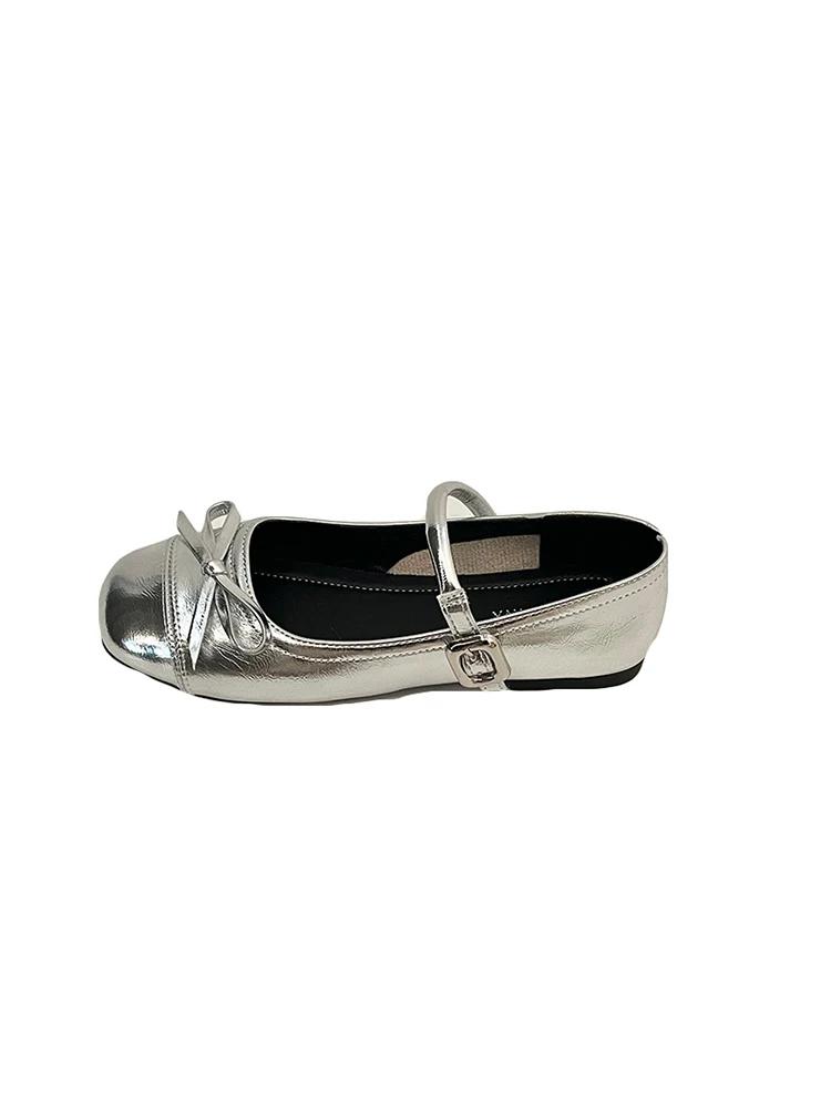 Silver shallow mouth ballet style flat sole women's 2025 new summer dress French round toe Mary Jane shoes