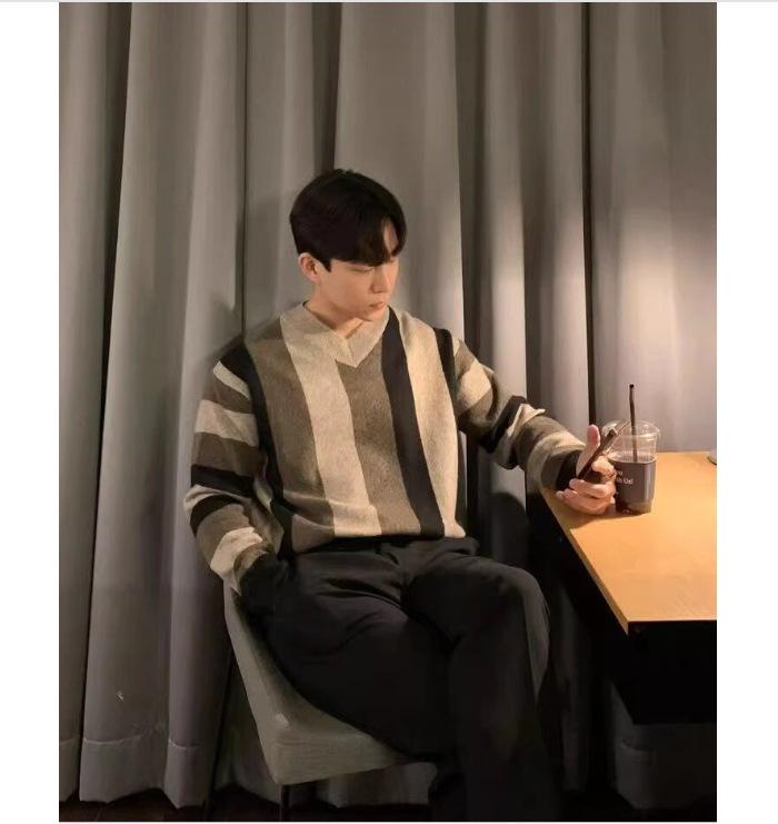 Men's Korean Striped V-Neck Knit Sweater - Autumn/Winter Loose Fit Long Sleeve Pullover