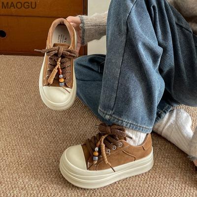Retro klobige Sohle braune Sneaker Damen Herbst lässige Plateau-Schuhe Vintage Schnürung bequeme tägliche Schuhe Mode-Sneaker