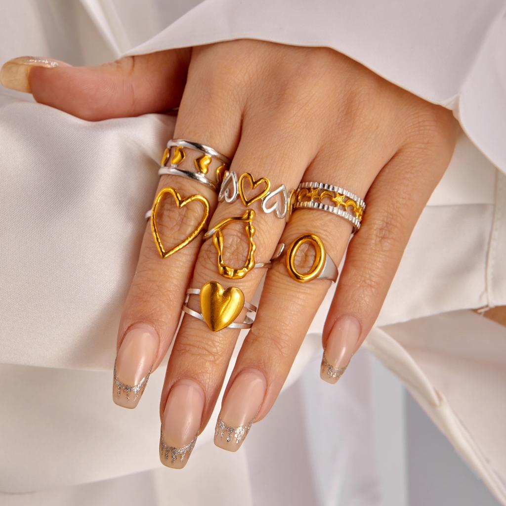 7Pcs Stainless Steel Two Tone Ring Set For Women Hollow Love Heart Shape Liquid Metal Texture Chunky Finger Rings Party Jewelry