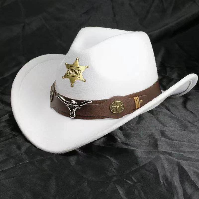 Vintage Cowhead Star Badge Western Cowboy Hat With Wide Brim For Adults And Kids