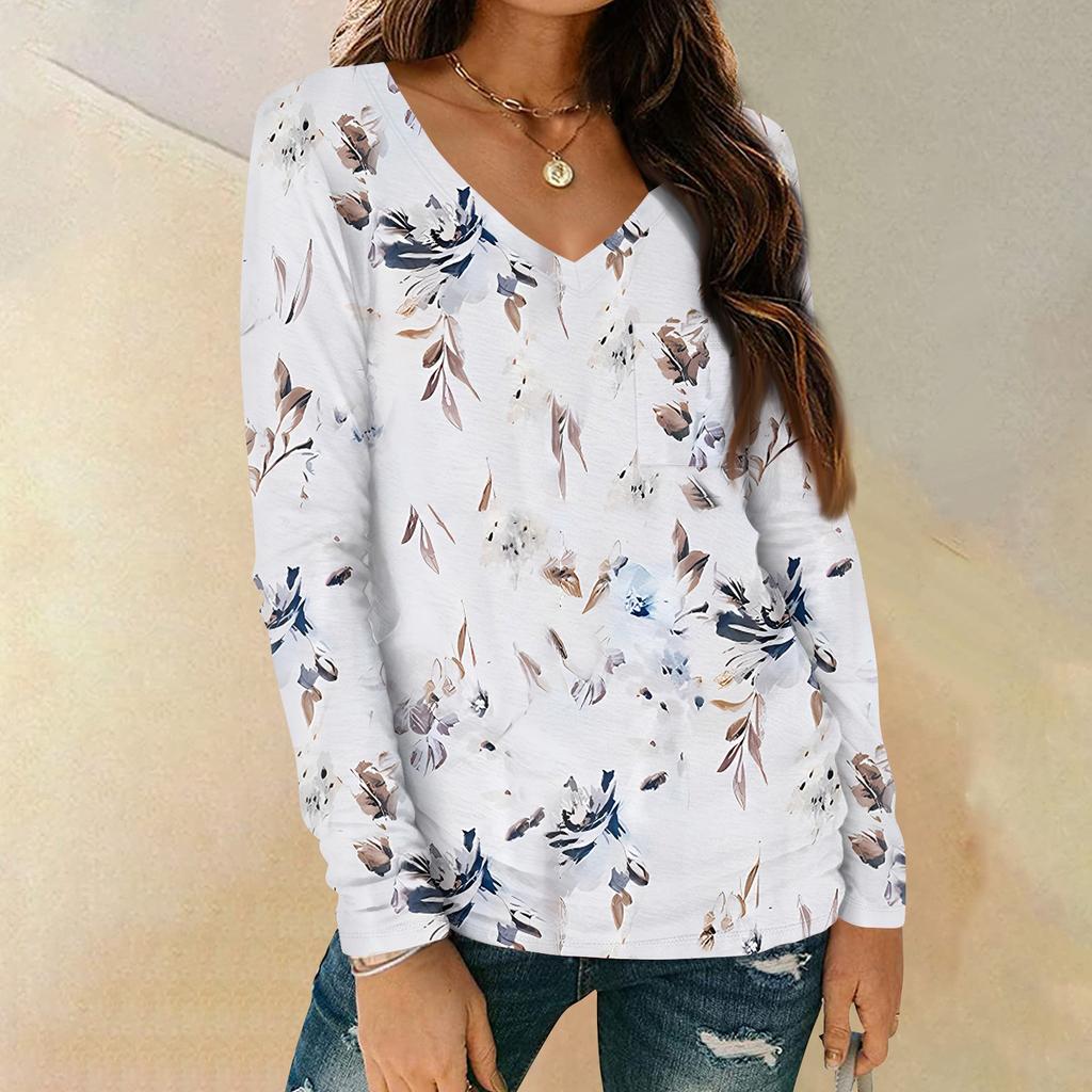 Modisches, lässiges Langarm-Oberteil mit Blumendruck und V-Ausschnitt für Damen mit Taschen