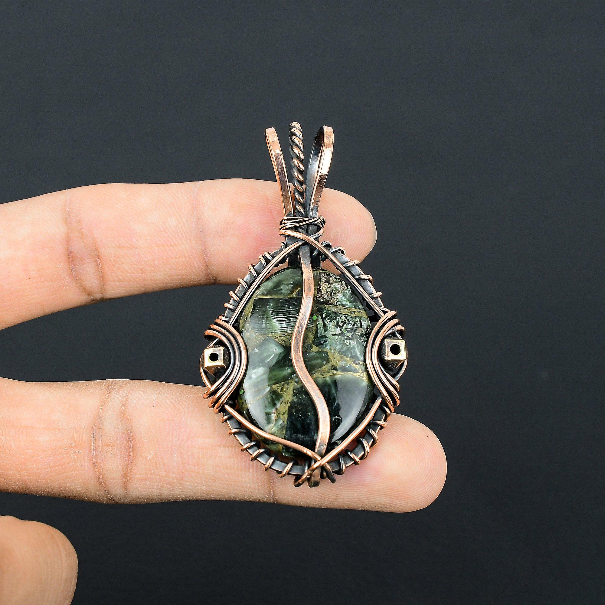 

Copper Seraphinite Pendant, 999 Copper Wire Wrapped Gemstone Jewelry, Handmade Pendant, For Thanksgiving 2.55 Inches