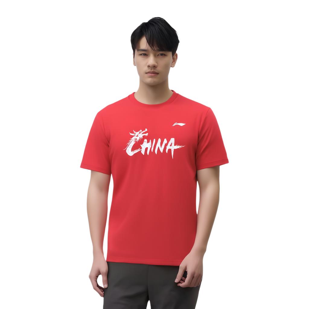 Li Ning Table Tennis Series Letter Print Comfortable Breathable Short Sleeve Regular T-Shirt Unisex Tops Bull-Red AHSU863-4