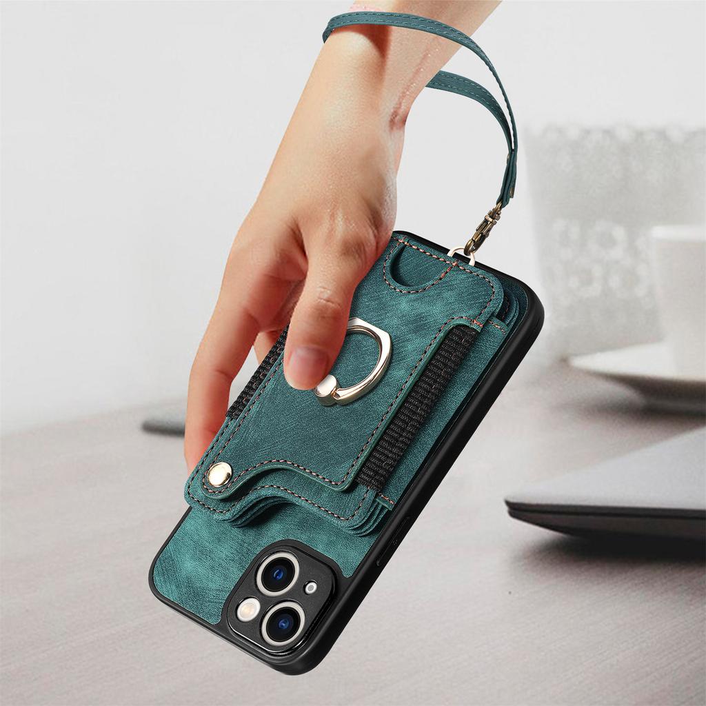 Rfid Blocking Pu Leather Phone Case With Ring Holder Strap Card Slot For Iphone